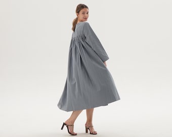 Women Long Sleeves Cotton Dress Soft Casual Loose Dresses with Pocket Pleated Dress Customized Dress Spring Summer Dress Plus Size Clothing