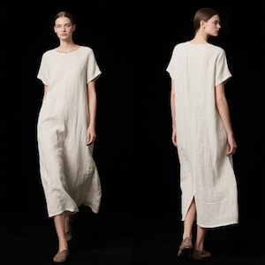 Linen Midi Dress with Back Slit Women Loose Fit Summer Dress Linen Clothing Short Sleeve Minimalist Dress Custom Handmade Dress Casual Dress