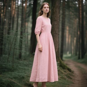 Romantic Linen Maxi Dress Half Sleeves Scoop Neck Dress Cottagecore Flowy A-Line Dress Women Summer Dress Vintage Boho Dress Custom Dress