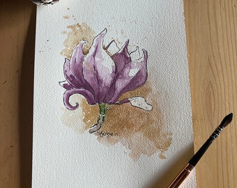 Decorative watercolor magnolia on gold background
