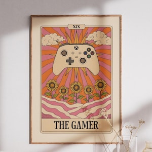 Póster de la carta del Tarot Gamer: Arte mural para el control de Xbox, impresión de girasoles para videojuegos, adorable decoración de tarot para gamers y chicas que juegan.
