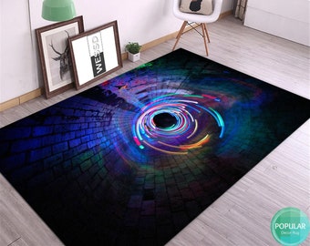 May include: Abstract area rug with a black background and a colorful swirling light design in the center. The design resembles a tunnel with a brick wall on the sides.