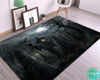 May include: A black and gray Halloween-themed area rug with a spooky forest scene featuring a scarecrow, trees, and pumpkins. The rug has a dark, mysterious feel and is perfect for adding a touch of Halloween spirit to any room.