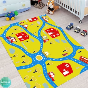 Gele kinderstadsmat, verkeersdeken, wegenkaart, speeltapijt, routekaarttapijten voor kinderen, stadskaarttapijt, karpetten voor speelkamer, kinderspeelkamer