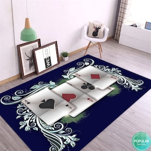 Tappeto con simboli di carte da gioco, tappeto per sala da gioco, regalo per casinò, regalo per decorazioni per sala giochi, tappeto per decorazioni per feste in casinò, tappeto con dadi da poker