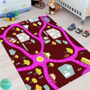 Burgunderrote Stadtmatte, Straßenteppich, Spielteppich, Straßenteppich, Spielteppich für Kinder, Spielzimmer