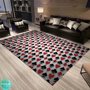 Tappeto con simboli delle carte da gioco, tappeto di design della sala dei giocatori di poker, regalo del casinò, regalo di arredamento della sala da gioco, tappeto di arredamento per feste del casinò, tappeto di dadi da poker