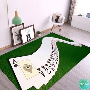 Tappeto con simboli delle carte da gioco, tappeto di design della sala dei giocatori di poker, regalo del casinò, regalo di arredamento della sala da gioco, tappeto di arredamento per feste del casinò, tappeto di dadi da poker
