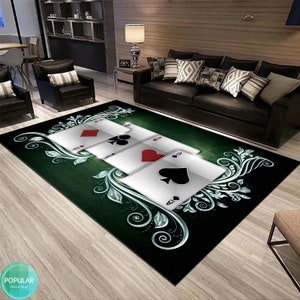 Tappeto con simboli delle carte da gioco, tappeto di design della sala dei giocatori di poker, regalo del casinò, regalo di arredamento della sala da gioco, tappeto di arredamento per feste del casinò, tappeto di dadi da poker