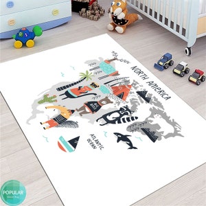 Nordamerika Landkarte Teppich, Tiere und Karte Teppich, Bereich Teppich, Kinder Spiel Teppich Vintage Teppich, Teppiche für Wohnzimmer, Home Decor Teppich
