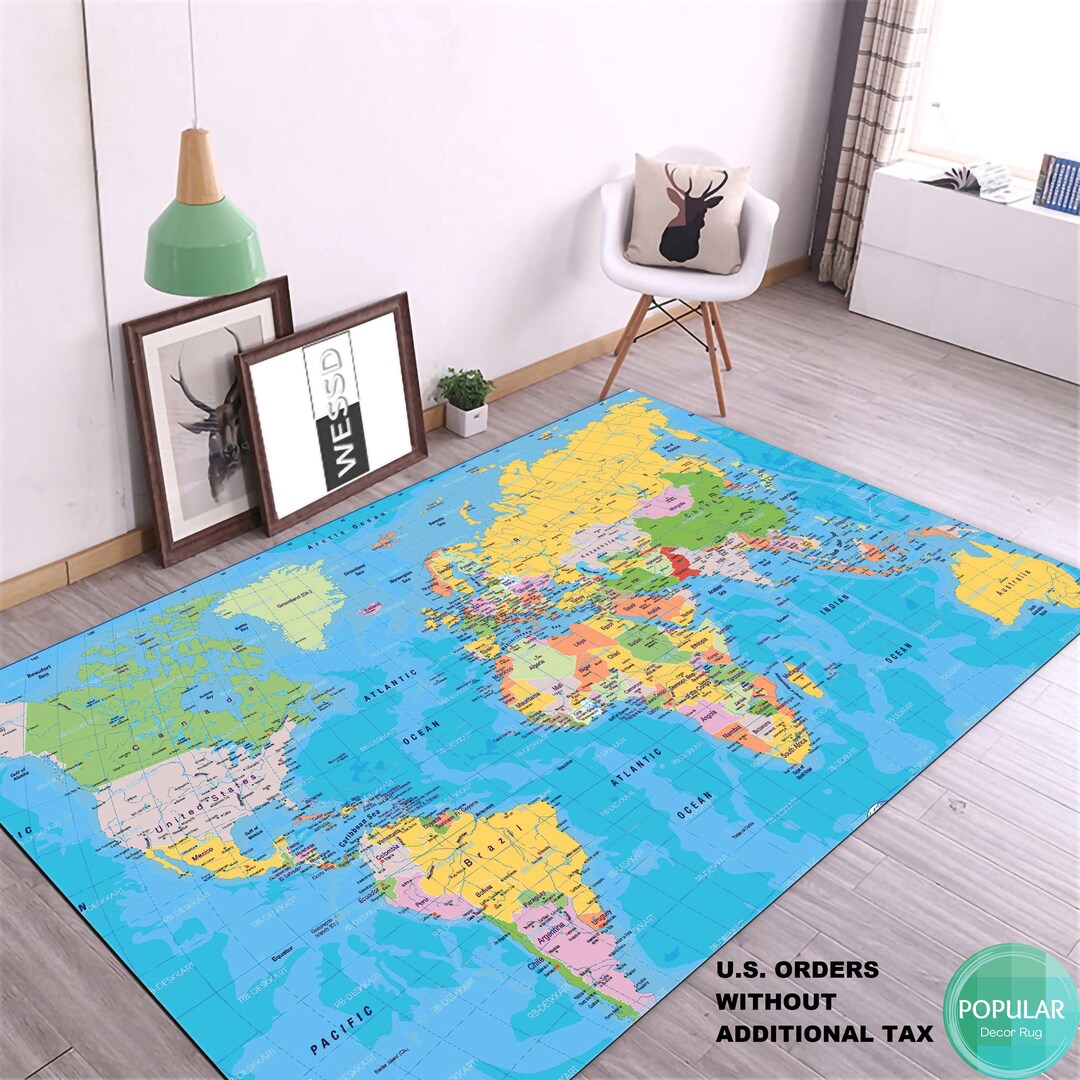 Blue Map Rug, World Map Rug, Map Mat, Play Carpet, Nursery Rug, Kids ...