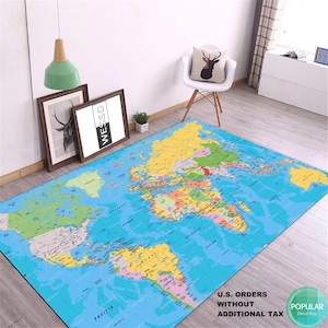 Alfombra de mapa azul, alfombra de mapa del mundo, tapete de mapa, alfombra de juego, alfombra de guardería, alfombra para niños, alfombra para habitación infantil, alfombra estampada, alfombra de suelo para sala de juegos, decoración de mapa del mundo