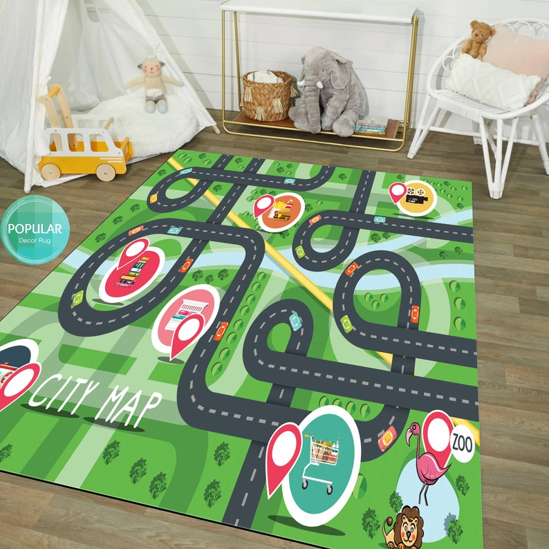 Kids City Traffic Rug, Gray Road Map Playing Carpet Roadmap Rugs for ...