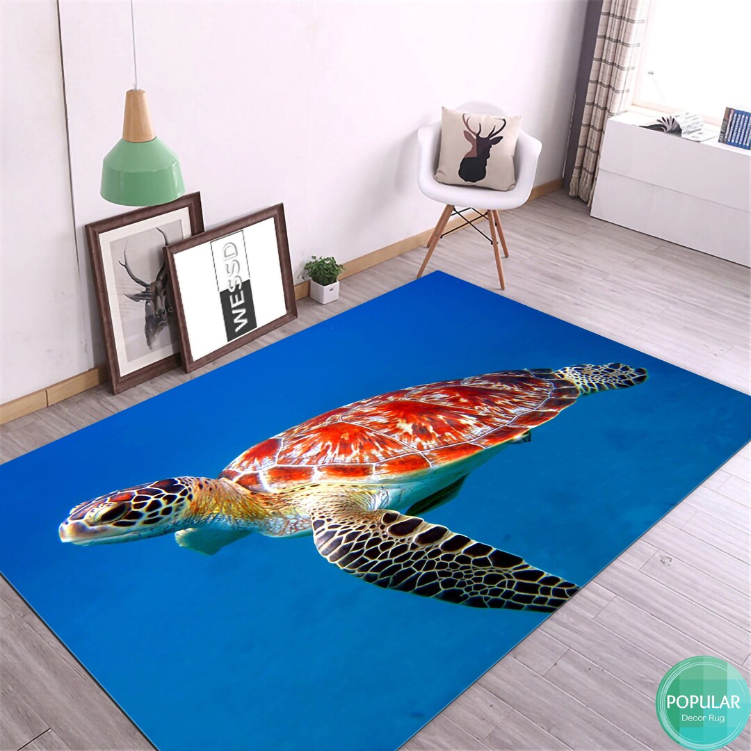 Turtle Rugs, Sea Turtle Area Rugs, Abstract Sea Turtle Rug, Aqua Area