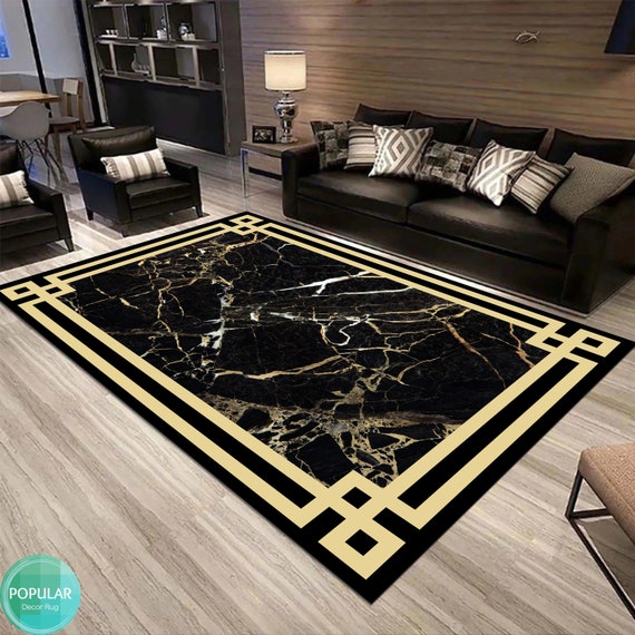 Black Gold Marble Rug, Design Mat, Pattern Carpet, Cool Runner