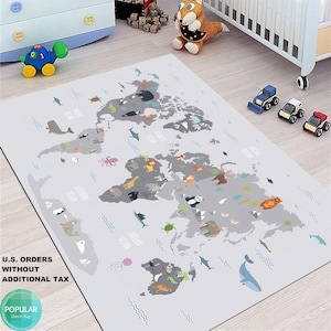 World Map rug, Play Rug, Play Mat, Nursery Rug, Kids Rug, Kids Room Rug, Printed Rug, Playroom Floor Rug, World Map decor, Animals decor