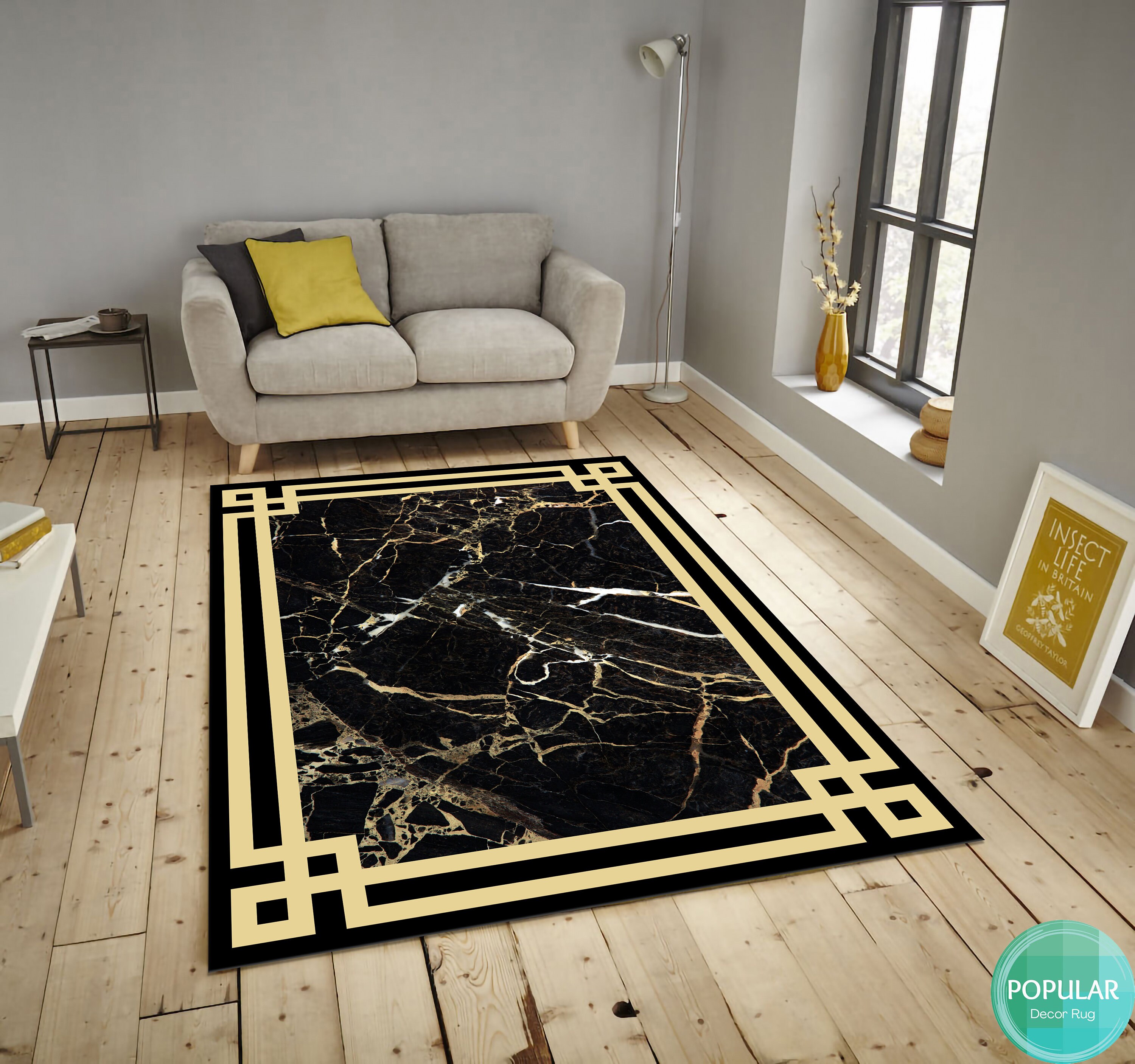 Black Gold Marble Rug, Design Mat, Pattern Carpet, Cool Runner
