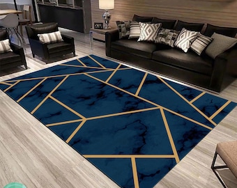 Blue and Gold Geometric, Silky Soft Canvas Rug, Ground Carpet, Floor Mat, Art Rug, Abstract Art Rug, Modern Rug, Area Rug, Living Room Rug,