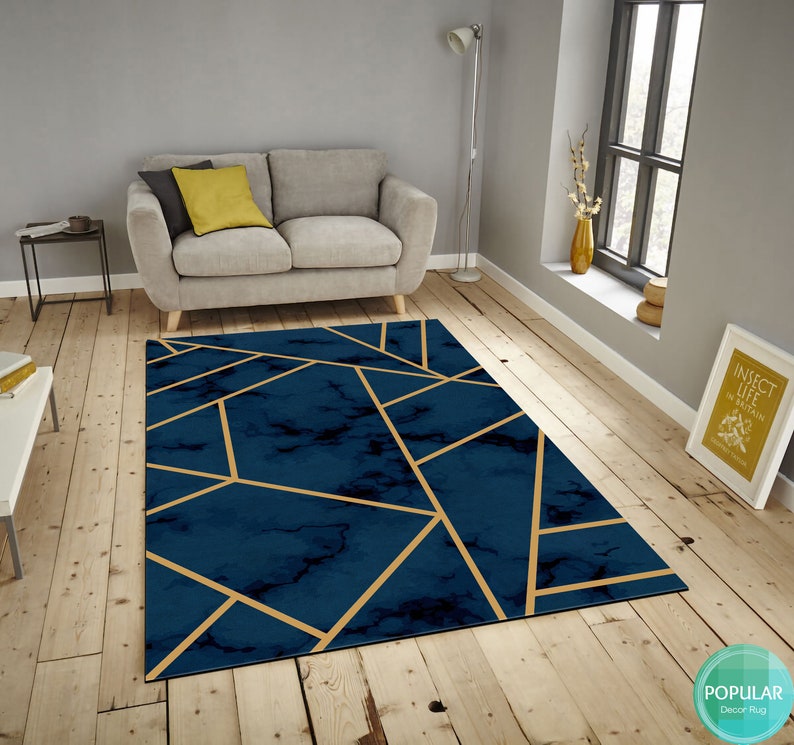 Blue and Gold Geometric, Silky Soft Canvas Rug, Ground Carpet, Floor ...
