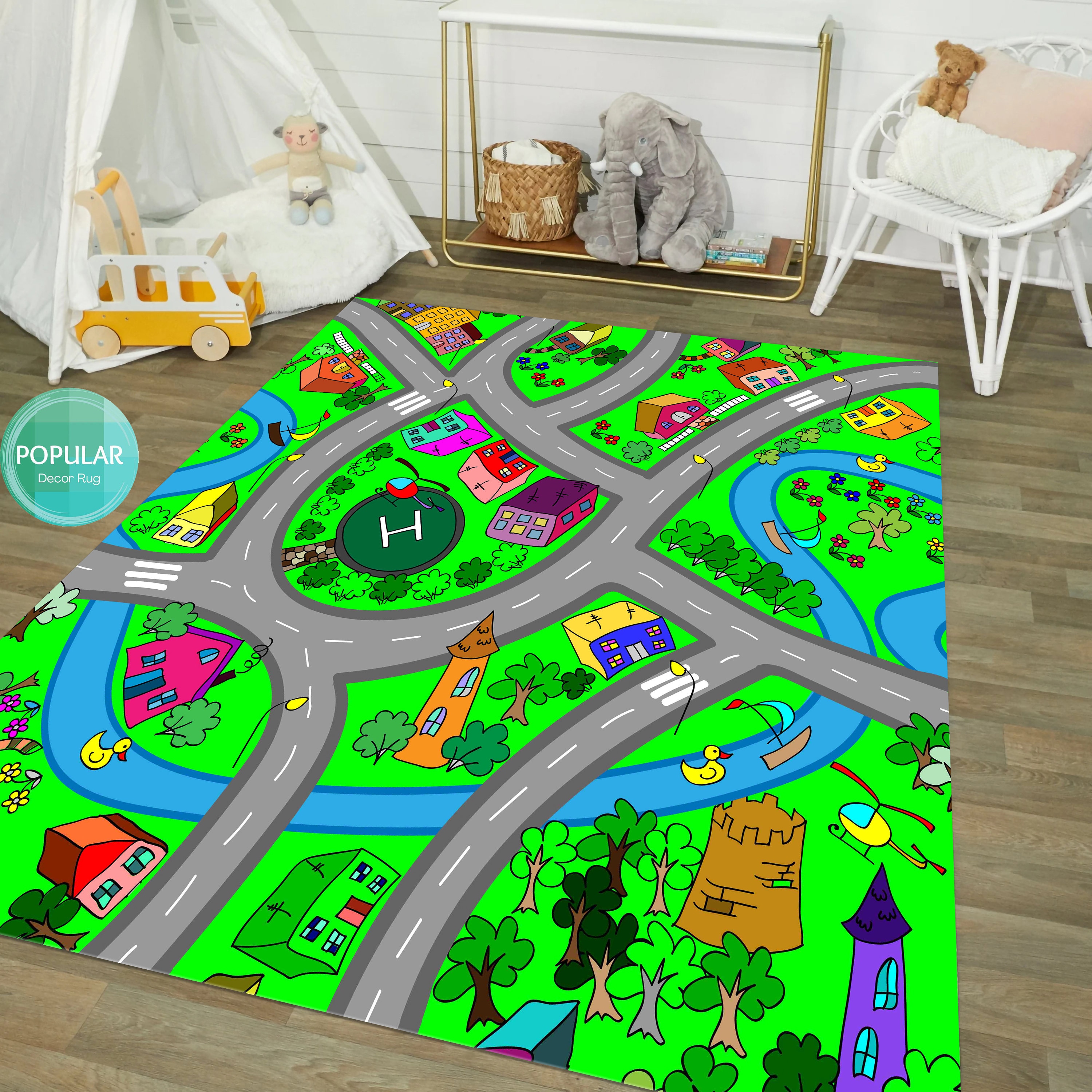 Kids City Traffic Rug, Gray Road Map Playing Carpet Roadmap Rugs for ...