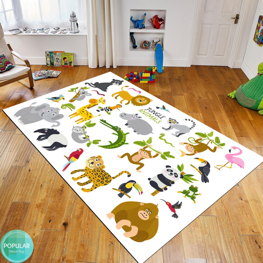 Alphabet Tutorial Rug, Vibrant Cute Animals Alphabet Printed Kids Room ...