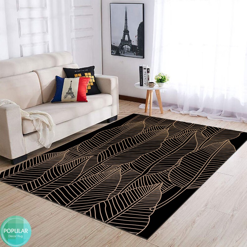 Fwn Pattern Rug Leaf Processing Gold Silky Soft Rug, Modern Abstract Rug, Minimalist ...