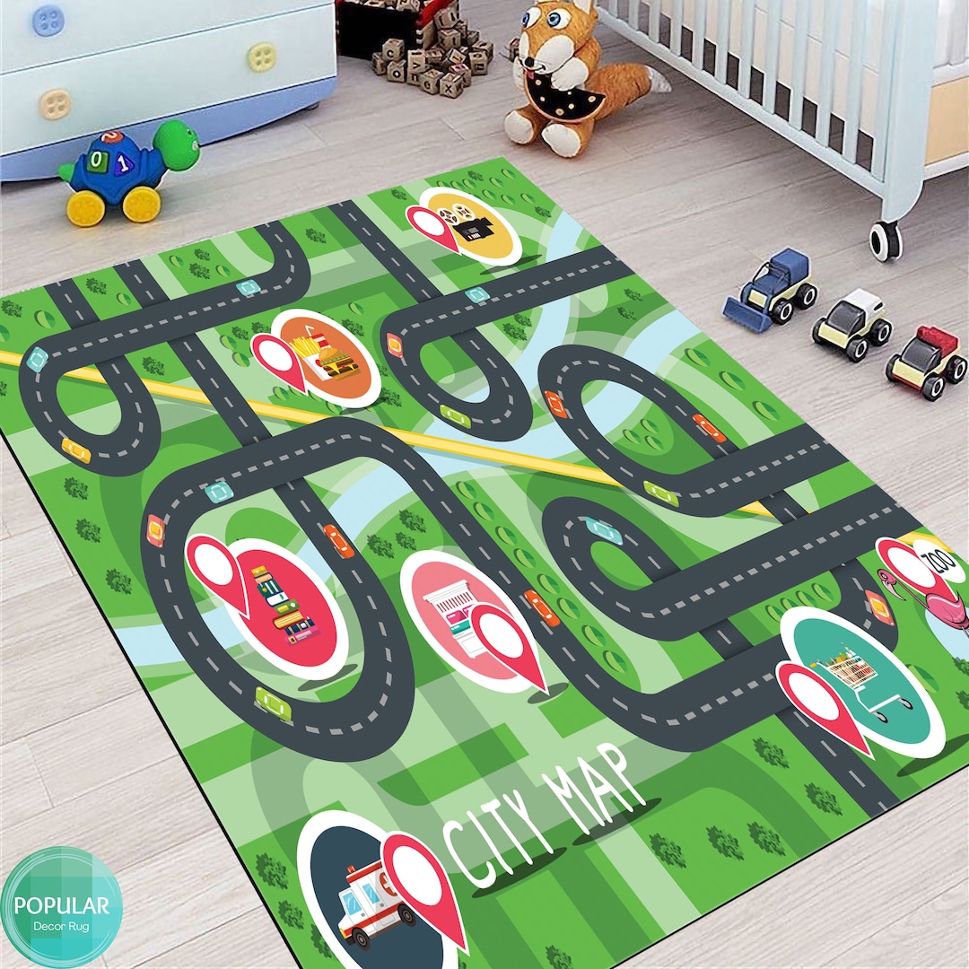 Kids City Traffic Rug, Gray Road Map Playing Carpet Roadmap Rugs for ...