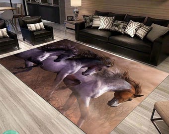 3D Lively Horse Rug, Floor Non Slip Rug, Carpet Room Mat Rectangel Quality Kitchen, Saloon, Floor Rug, Horse Herd Rug, Animal Best Carpet