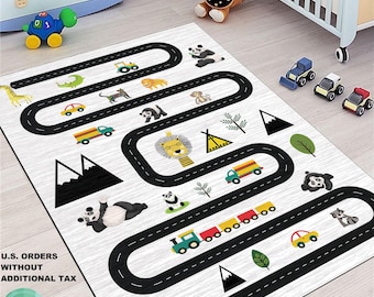 高速道路マット、ロードラグ、車内カーペット、マックイーンアート、グラウンドランナー、子供部屋ギフト、プレイラグ、ギフトアイデア、エリアラグ、モダン、人気