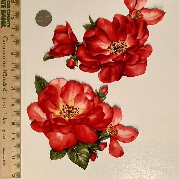 Romantic Red  Roses Big Floral Valentines Fabric Appliques Iron Ons 1 Magnolia DIY Shabby