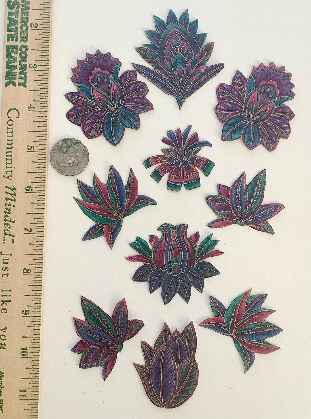 Pretty Small Jacobean Flowers Floral Fabric Appliques Iron Ons Upcycle