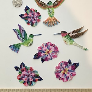 Sweet Hummingbirds And  Flowers Fabric Appliques Iron Ons No Sew Floral Birds