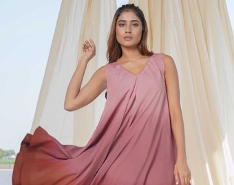 Happening Hues - Asymmetrical Earthy Palette Pure Organic Bamboo Odor Free Dress - Salmon Coloured For Women Party Wear With UV Protection