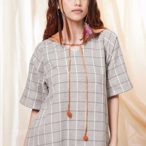 Hand Woven Gray And Rust Pure Khadi Checkered Mid-Length Hoodie Dress For Women Casual Wear image 6