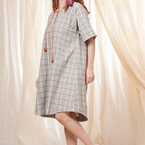 Hand Woven Gray And Rust Pure Khadi Checkered Mid-Length Hoodie Dress For Women Casual Wear image 2