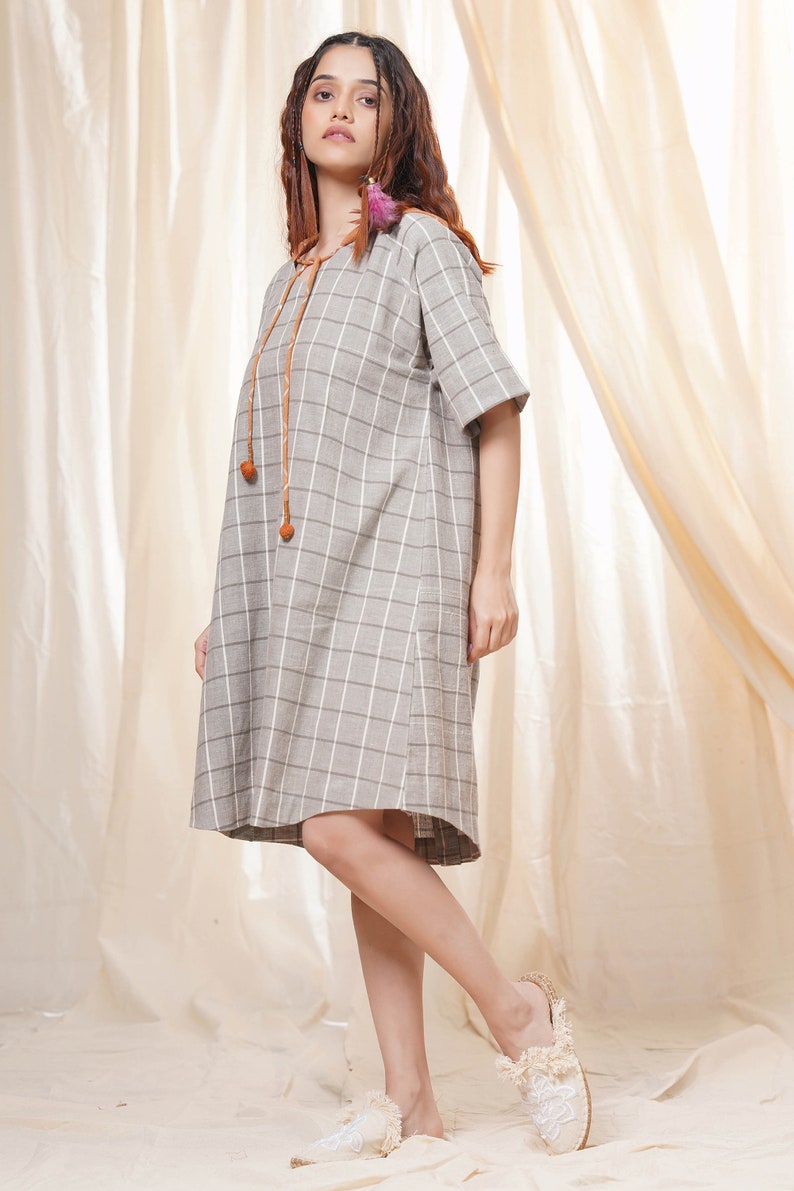 Hand Woven Gray And Rust Pure Khadi Checkered Mid-Length Hoodie Dress For Women Casual Wear image 2