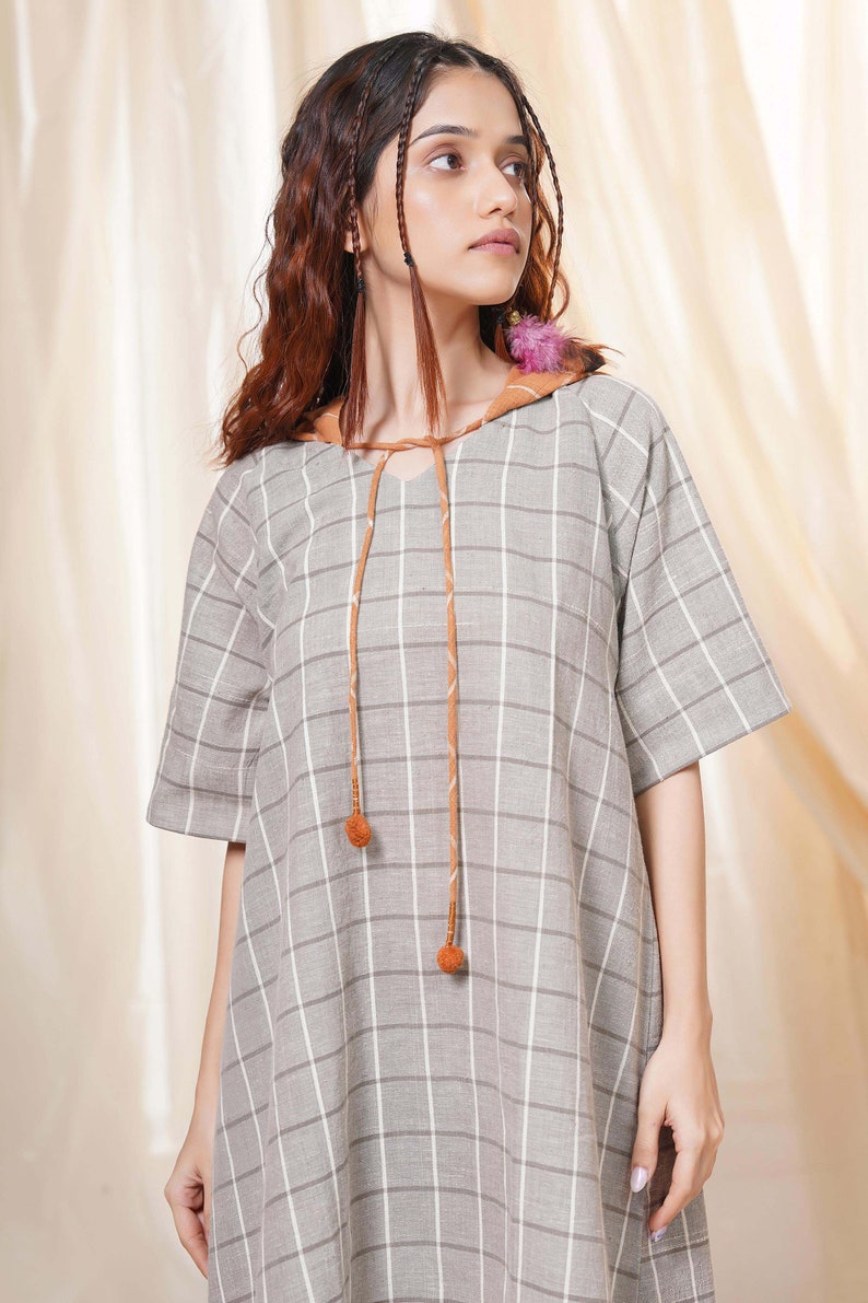 Hand Woven Gray And Rust Pure Khadi Checkered Mid-Length Hoodie Dress For Women Casual Wear image 9