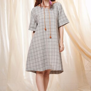 Hand Woven Gray And Rust Pure Khadi Checkered Mid-Length Hoodie Dress For Women Casual Wear image 5