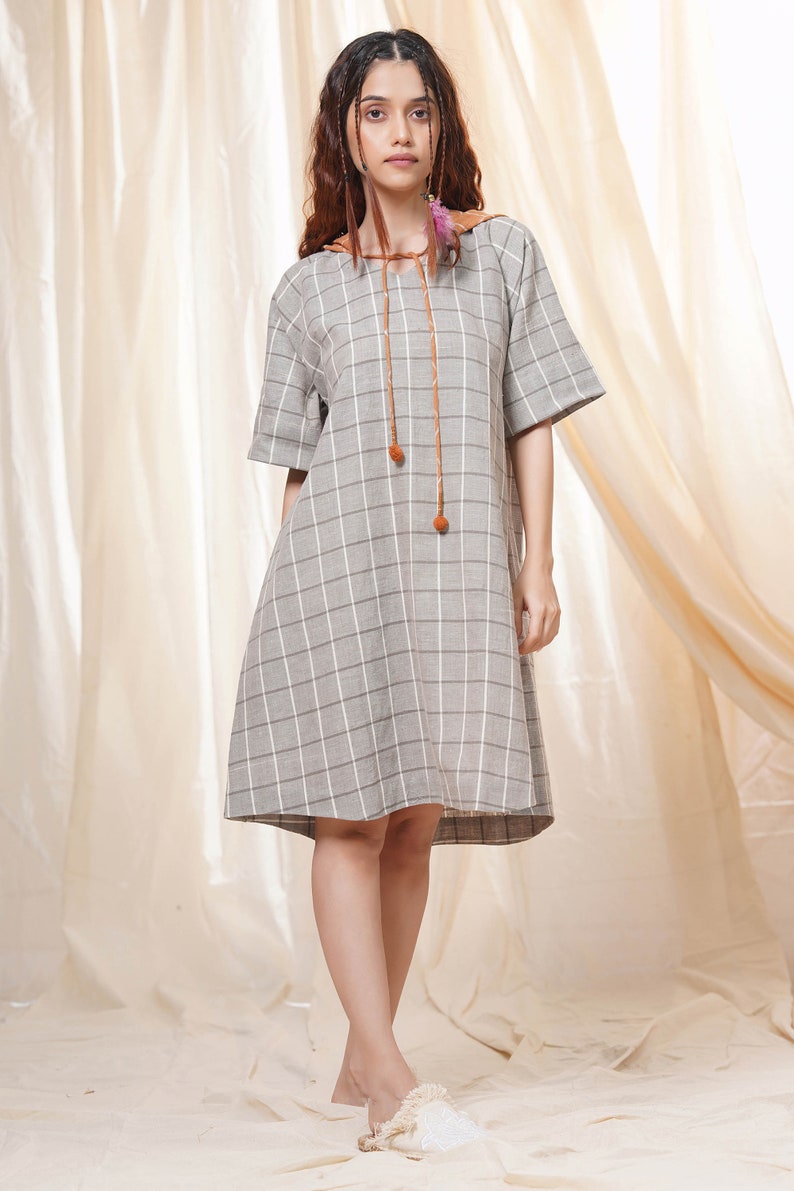 Hand Woven Gray And Rust Pure Khadi Checkered Mid-Length Hoodie Dress For Women Casual Wear image 5