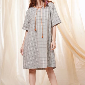 Hand Woven Gray And Rust Pure Khadi Checkered Mid-Length Hoodie Dress For Women Casual Wear image 7