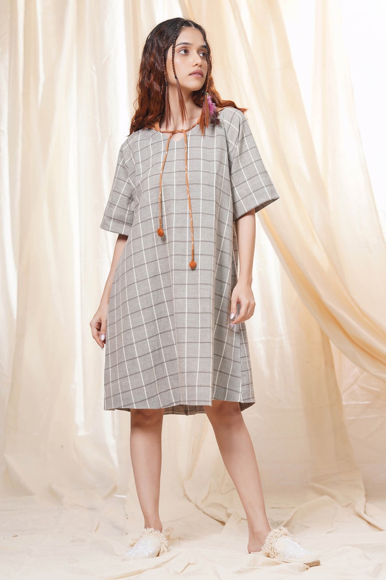 Hand Woven Gray And Rust Pure Khadi Checkered Mid-Length Hoodie Dress For Women Casual Wear image 7