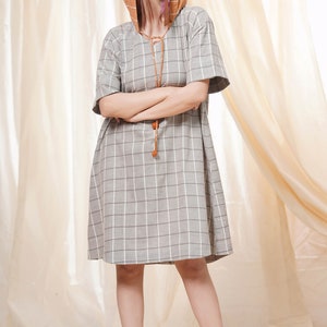 Hand Woven Gray And Rust Pure Khadi Checkered Mid-Length Hoodie Dress For Women Casual Wear image 3