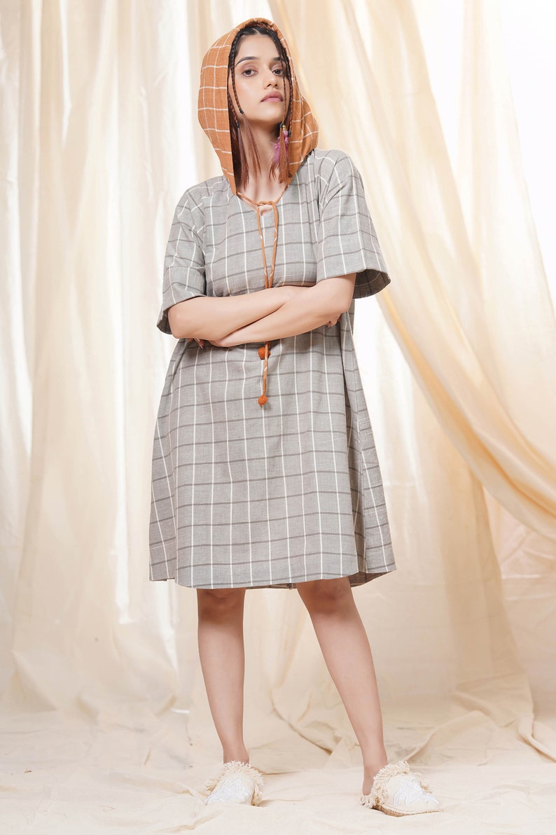 Hand Woven Gray And Rust Pure Khadi Checkered Mid-Length Hoodie Dress For Women Casual Wear image 3