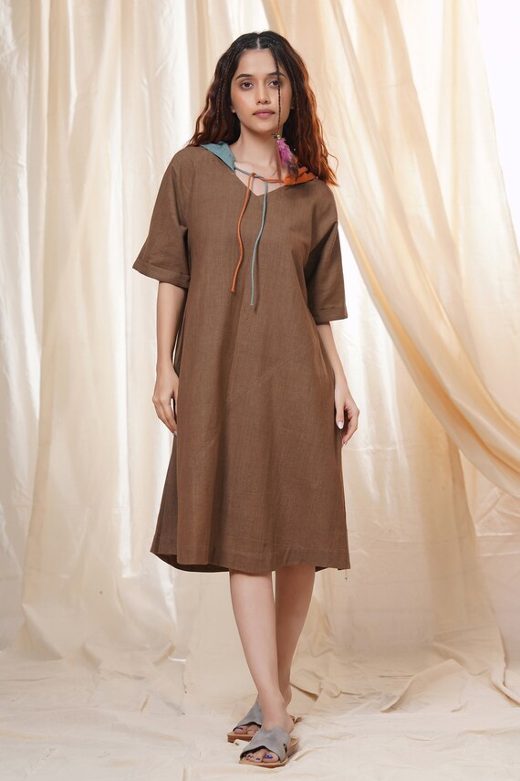 Thread Game Hand Woven - Hand Spun Organic Khadi Knee-length Brown Hoodie  Dress for Women - Etsy Israel
