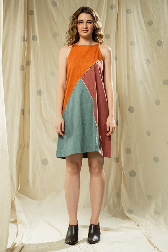 100 Hand Woven Hand Spun Organic Khadi Colour Block Dress for Women Party Wear Etsy UK