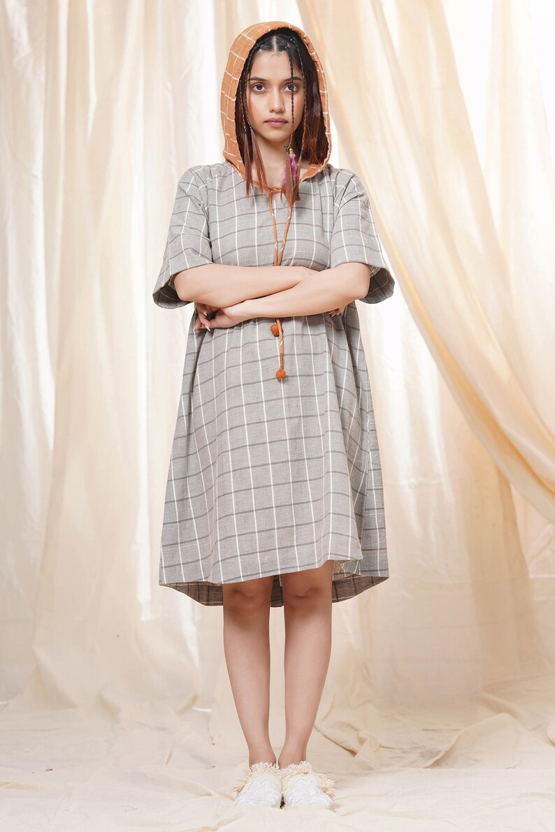 Hand Woven Gray And Rust Pure Khadi Checkered Mid-Length Hoodie Dress For Women Casual Wear image 1