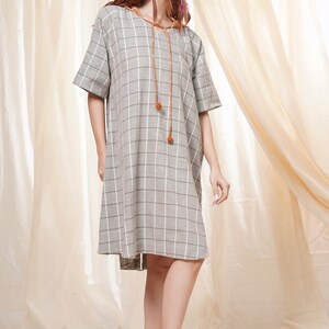 Hand Woven Gray And Rust Pure Khadi Checkered Mid-Length Hoodie Dress For Women Casual Wear image 4