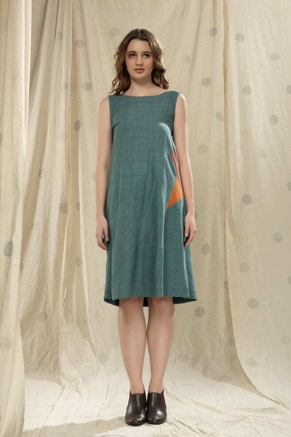 Thread Game Handwoven Khadi Dress: Organic Teal Sleeveless Cotton - Etsy Thread Game Handwoven Khadi Dress: Organic Teal Sleeveless Cotton - Etsy