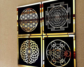 Decoración de pared en madera y acrílico con motivos de geometría sagrada: Flor de la Vida, Cubo de Metatrón (Juego de 4)