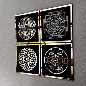 Sacred Geometry Wood & Acrylic Wall Art: Flower of Life, Metatron&#39;s Cube (Set of 4)